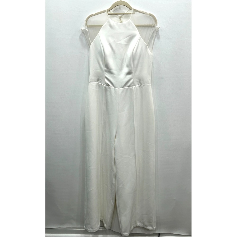 Amsale White Jumpsuit Womens 12 Halter Neck Sheer Overlay‎ Wide Leg Bridal Chic